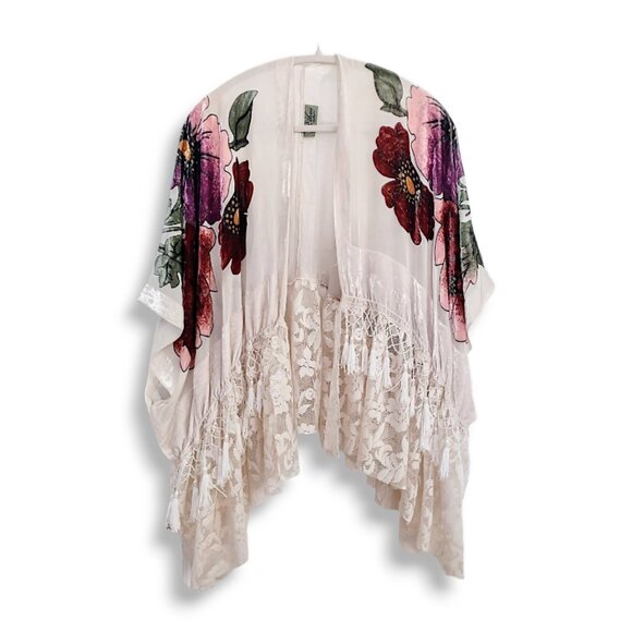 Ethos floral burnout velvet mesh fringed beaded embroidered lace trim kimono boh - Picture 4 of 9